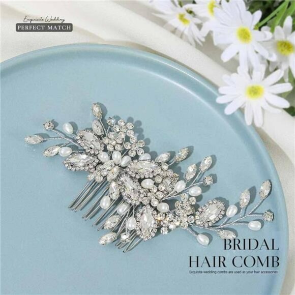 Bride Wedding Hair Comb Pearl Flower Hair Piece Rhinestone Silver Headpiece - Picture 4 of 7